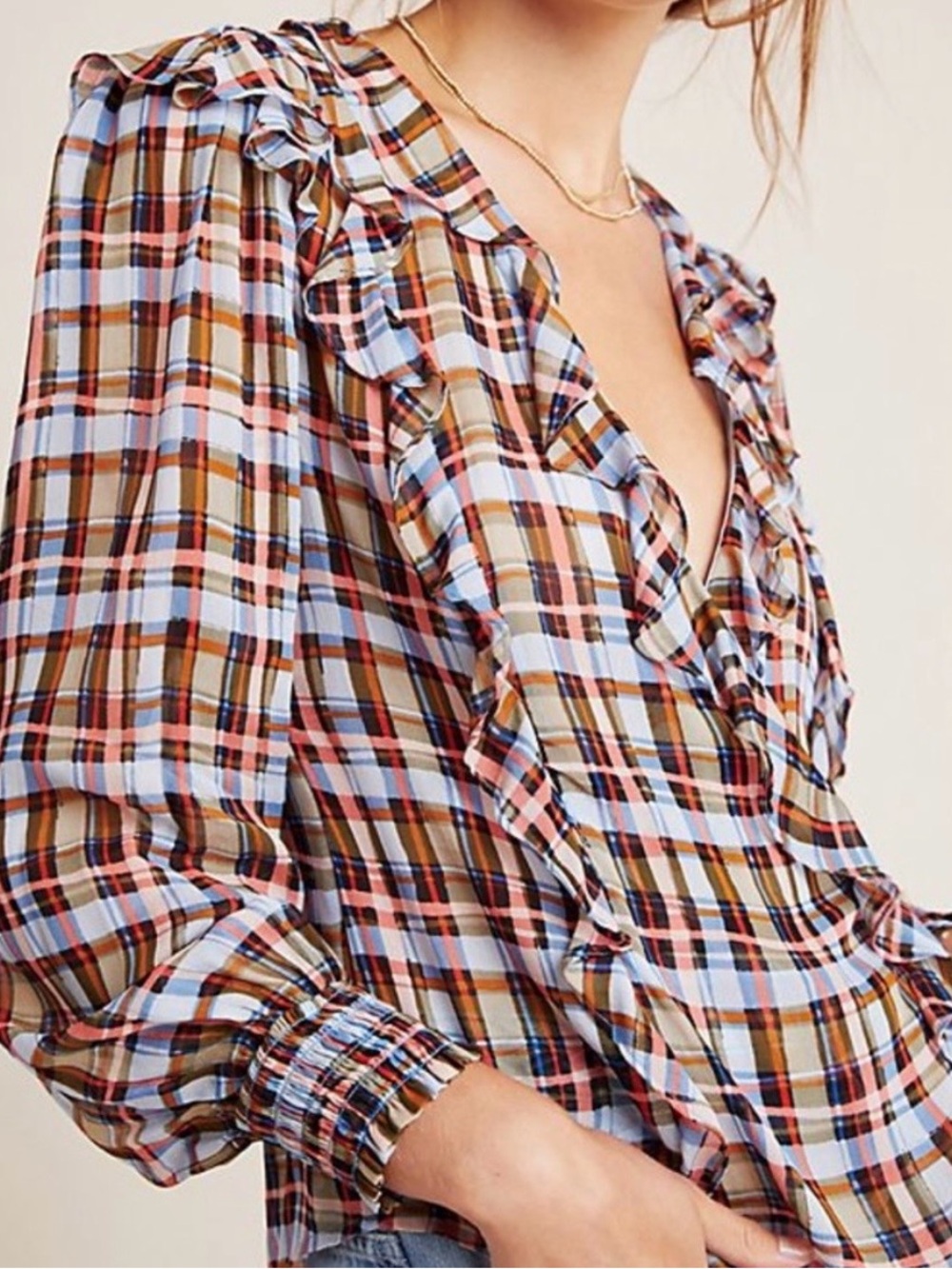 Anthropologie Maeve Laila Plaid Ruffle V-Neck Blouse Sz 2 Fall Boho Shabby Chic